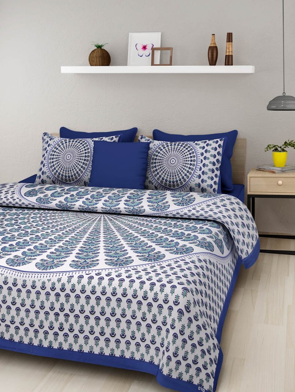 Traditionally Printed Blue Regular Double Bedsheet